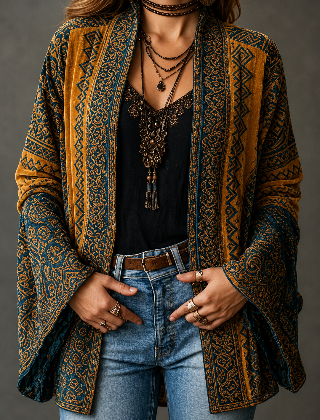 Cardigan da donna bohémien chic con stampa orientale