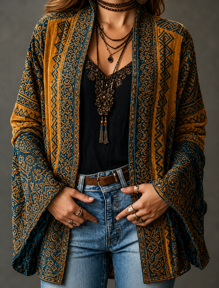 Cardigan da donna bohémien chic con stampa orientale