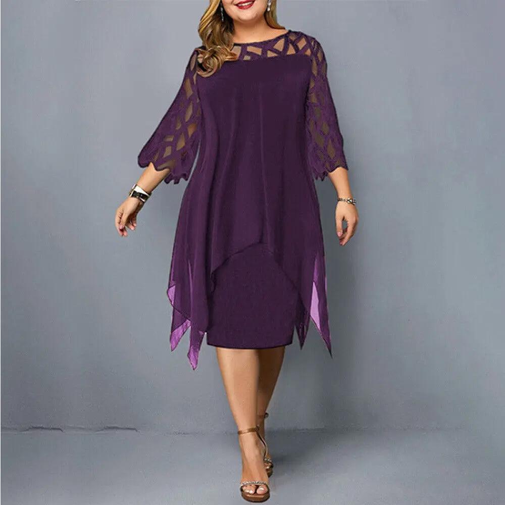 Vestito da donna in pizzo fluido con maniche 3/4 e orlo asimmetrico