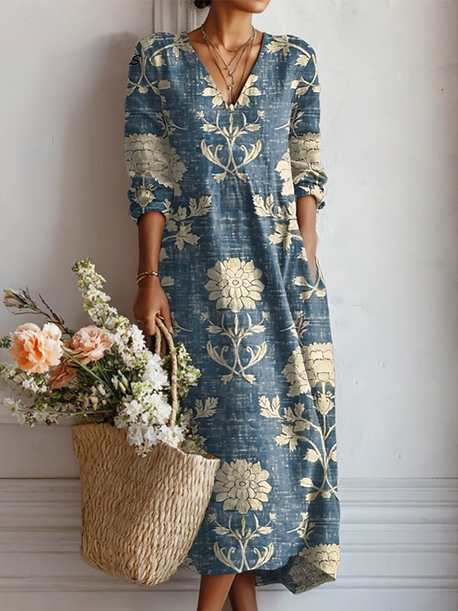 Blue Floral Print Linen Bohemian Midi Dress for Women