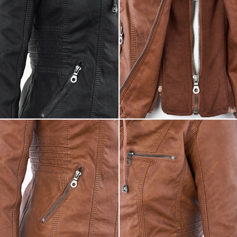 Veste en Cuir Moto Ajustée à Capuche Zippée pour Femme