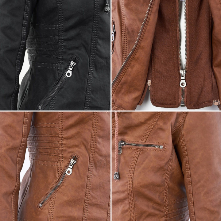 Veste en Cuir Moto Ajustée à Capuche Zippée pour Femme