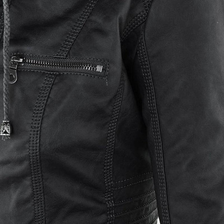 Veste en Cuir Moto Ajustée à Capuche Zippée pour Femme