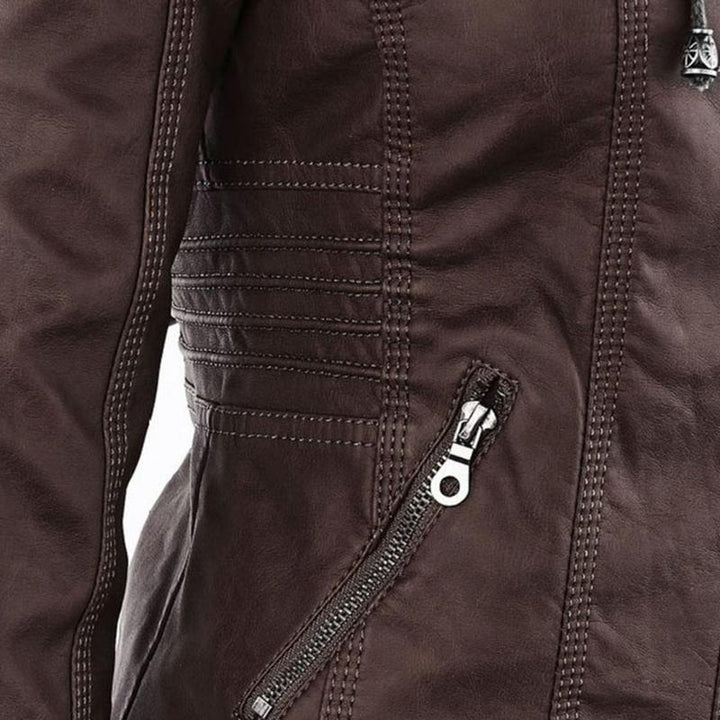 Veste en Cuir Moto Ajustée à Capuche Zippée pour Femme
