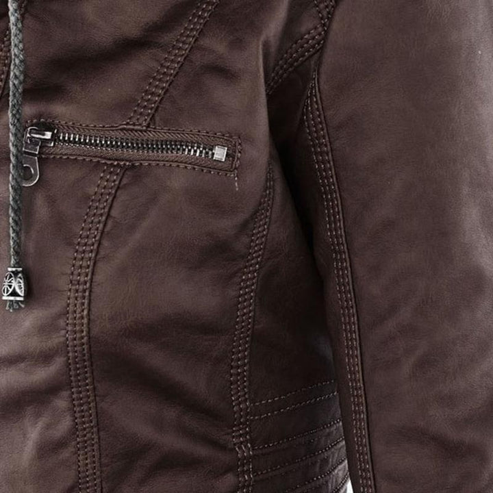 Veste en Cuir Moto Ajustée à Capuche Zippée pour Femme