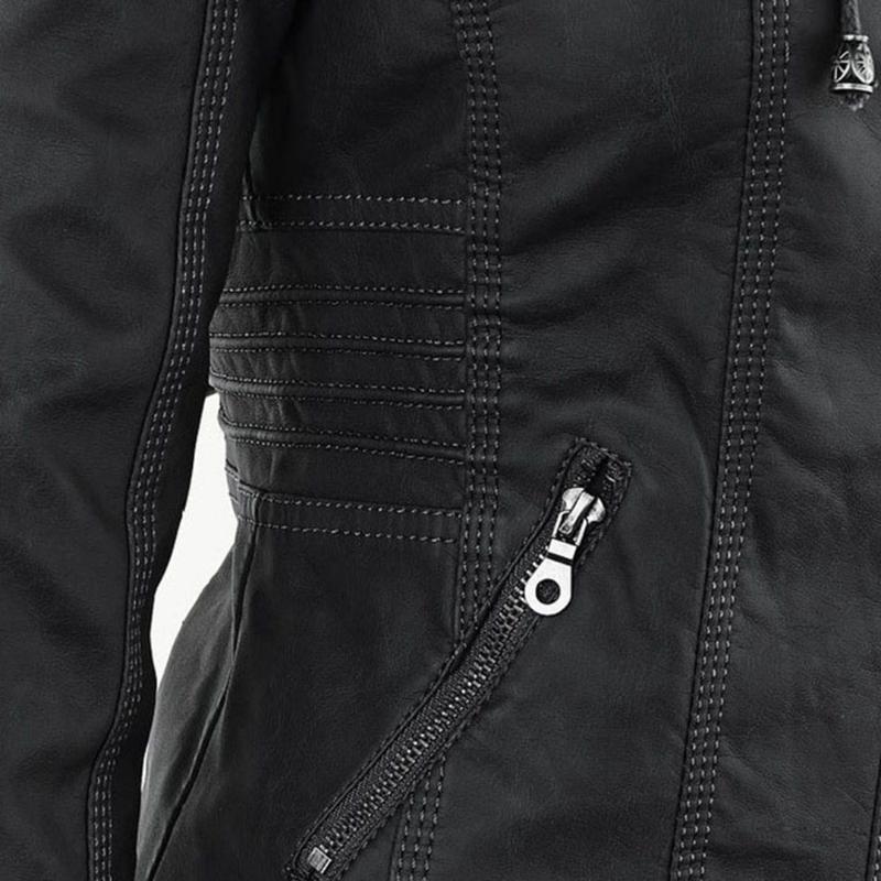 Veste en Cuir Moto Ajustée à Capuche Zippée pour Femme