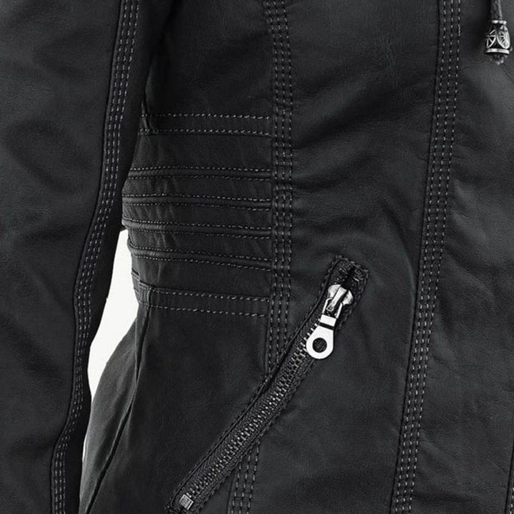 Veste en Cuir Moto Ajustée à Capuche Zippée pour Femme