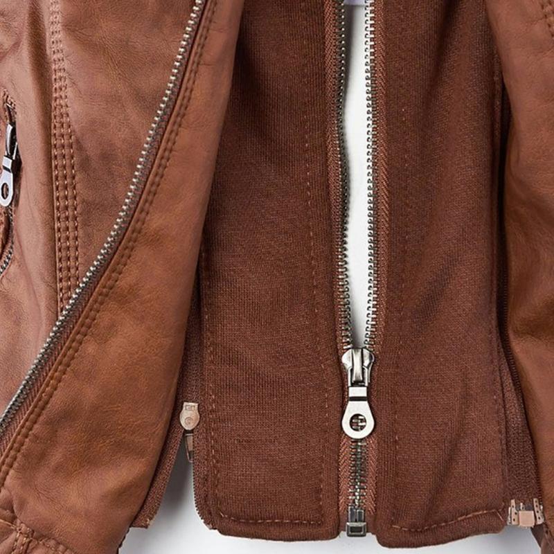 Veste en Cuir Moto Ajustée à Capuche Zippée pour Femme