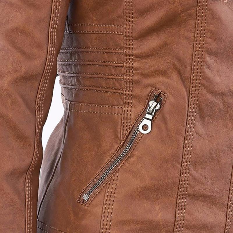 Veste en Cuir Moto Ajustée à Capuche Zippée pour Femme
