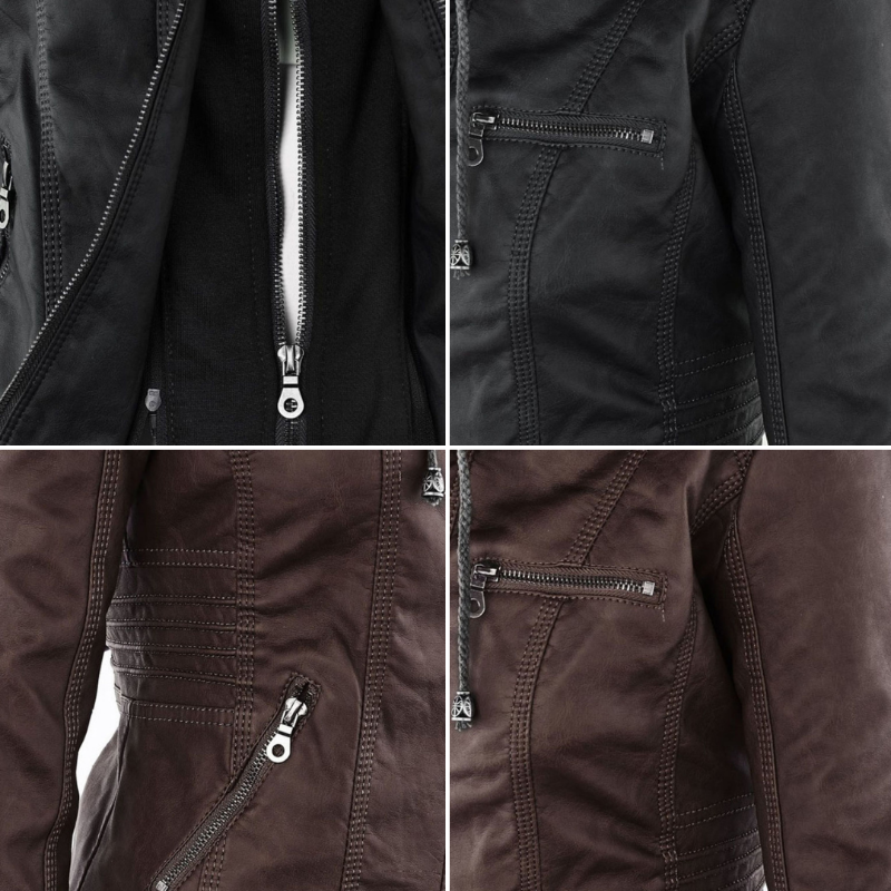 Veste en Cuir Moto Ajustée à Capuche Zippée pour Femme