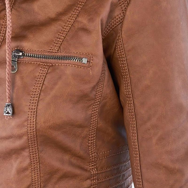 Veste en Cuir Moto Ajustée à Capuche Zippée pour Femme