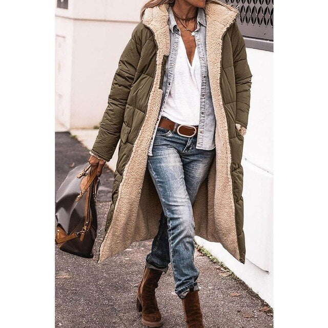 Manteau femme long matelassé à capuche