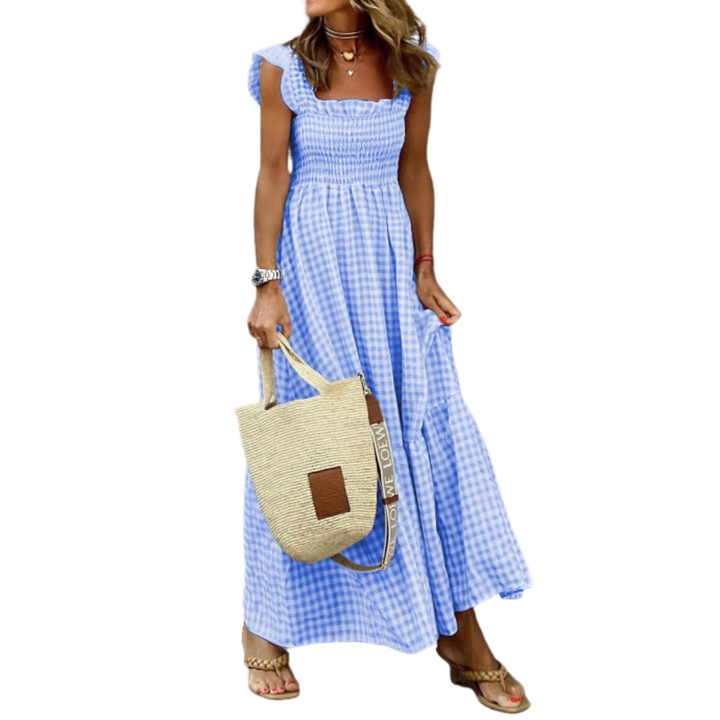 Abito lungo da donna a quadretti Vichy con spalline a volant