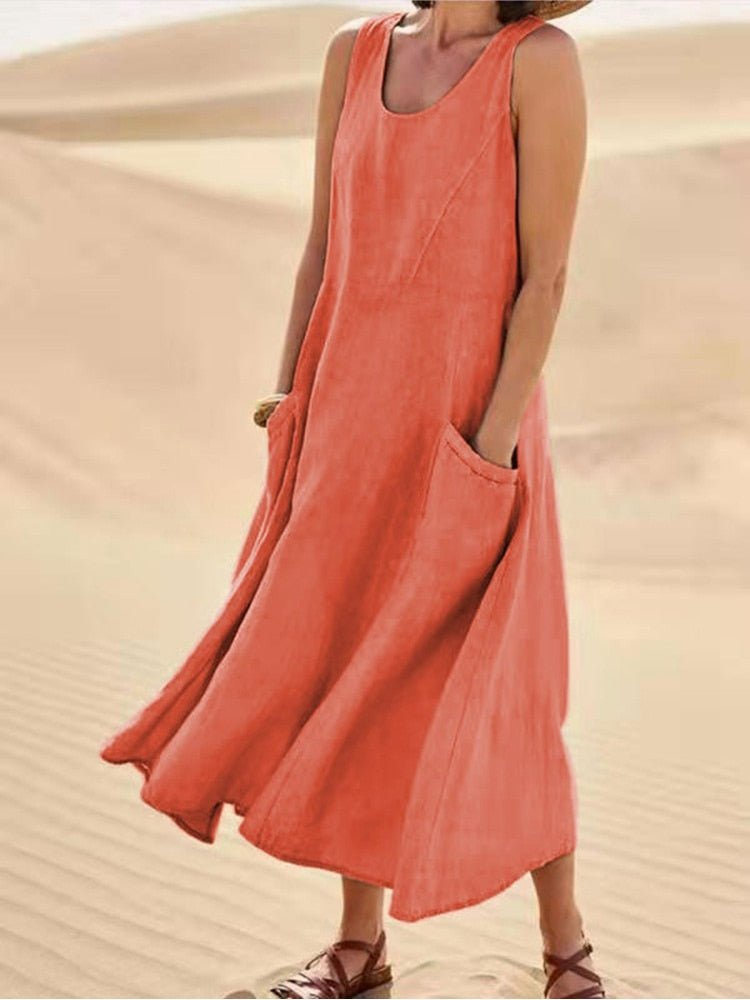 Robe midi lin sans manches femme