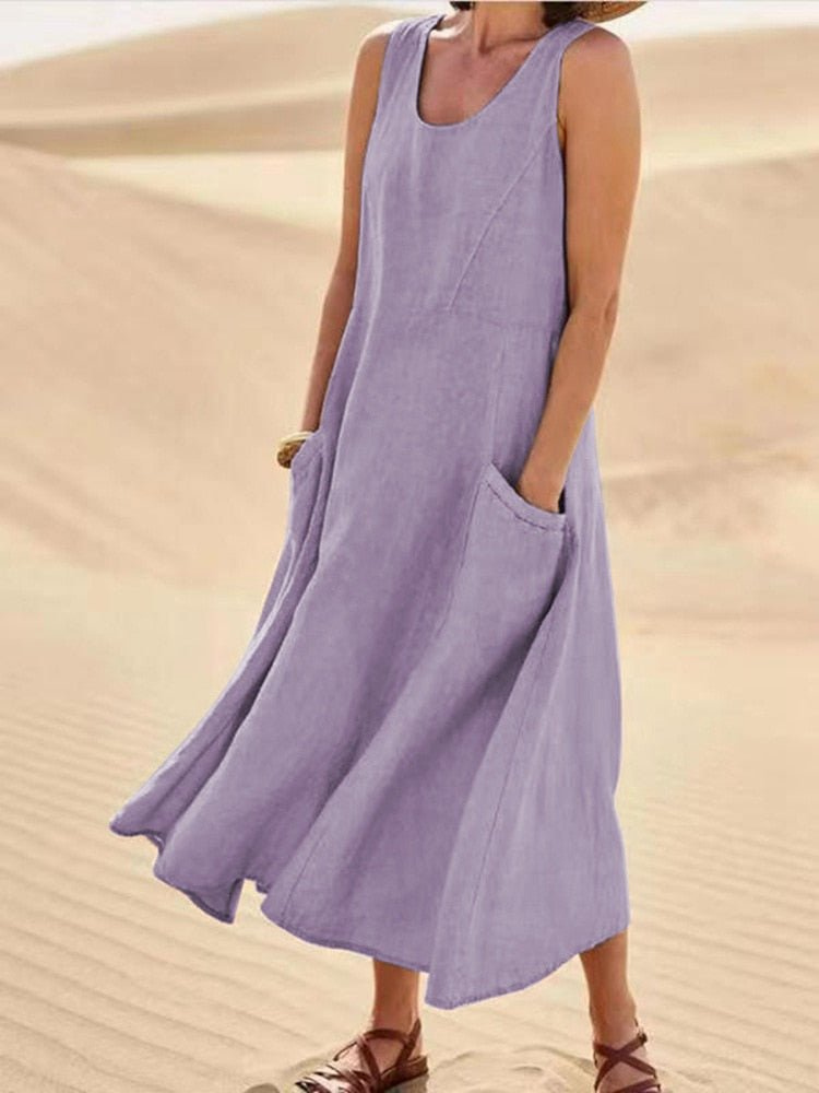 Robe midi lin sans manches femme