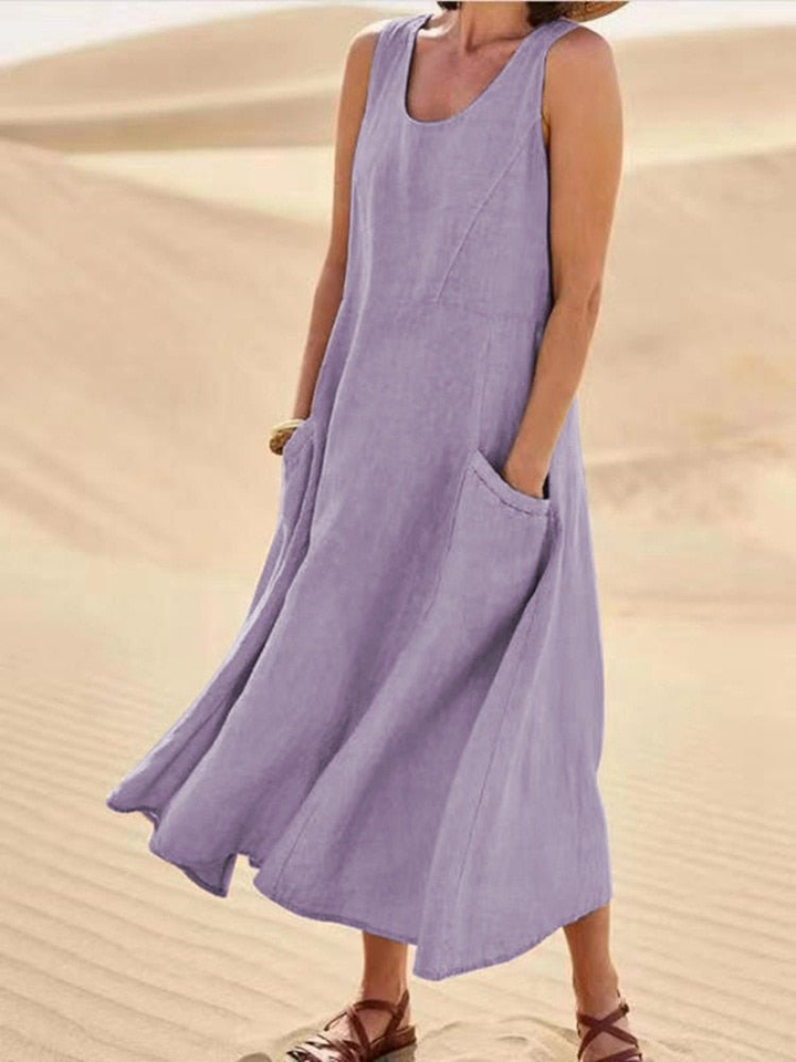 Robe midi lin sans manches femme