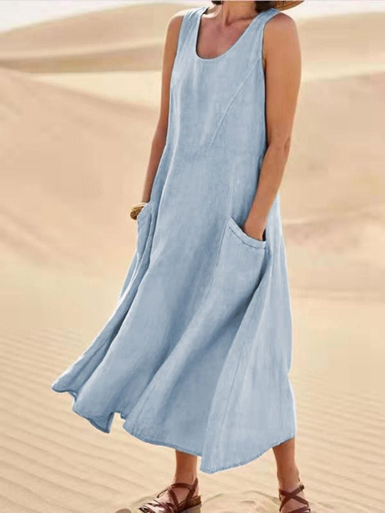 Robe midi lin sans manches femme
