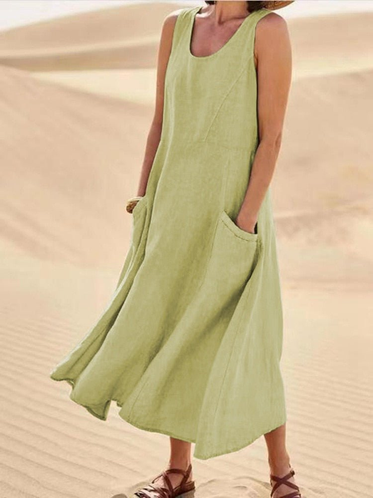 Robe midi lin sans manches femme