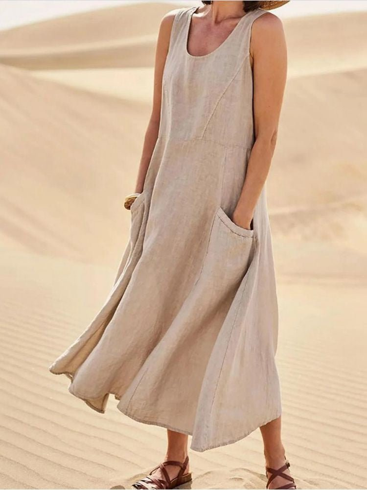 Robe midi lin sans manches femme