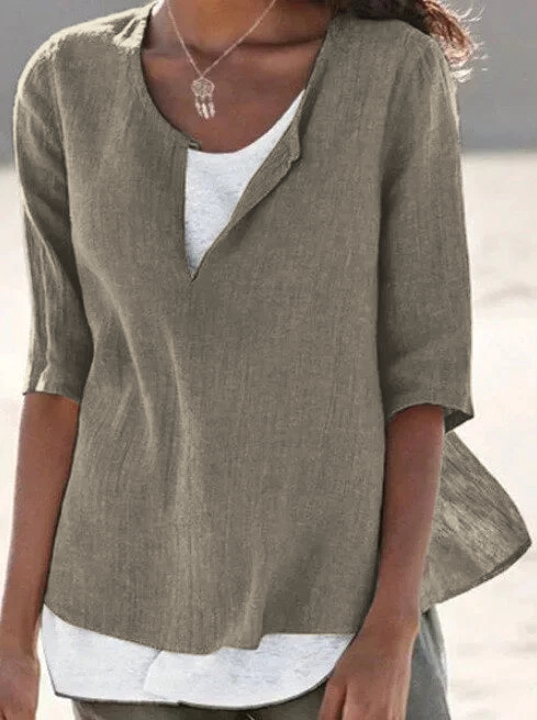 Blouse Décontractée à Encolure Fendue et Manches 3/4 Élégantes