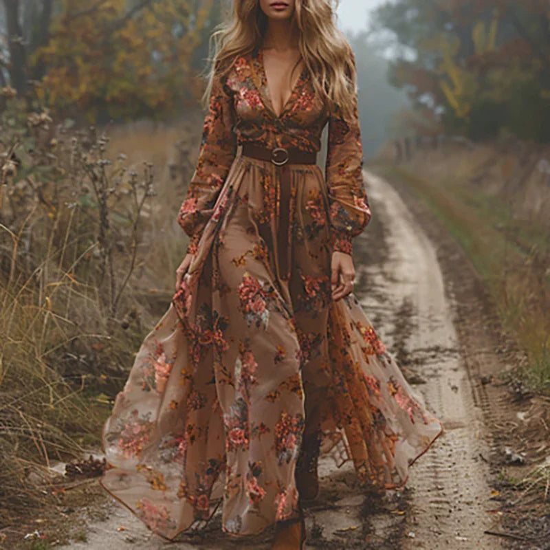 Robe maxi bohème brodée col V femme