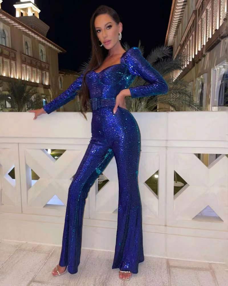 Dámský třpytivý overal s rozšířenými nohavicemi, glam styl
