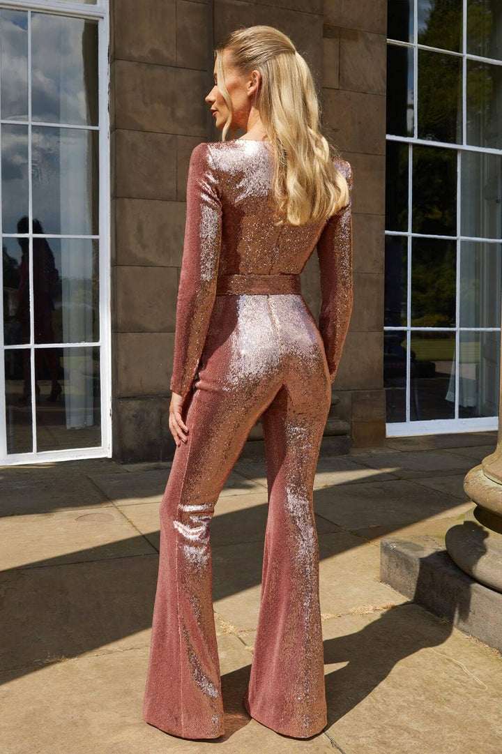 Dámský třpytivý overal s rozšířenými nohavicemi, glam styl