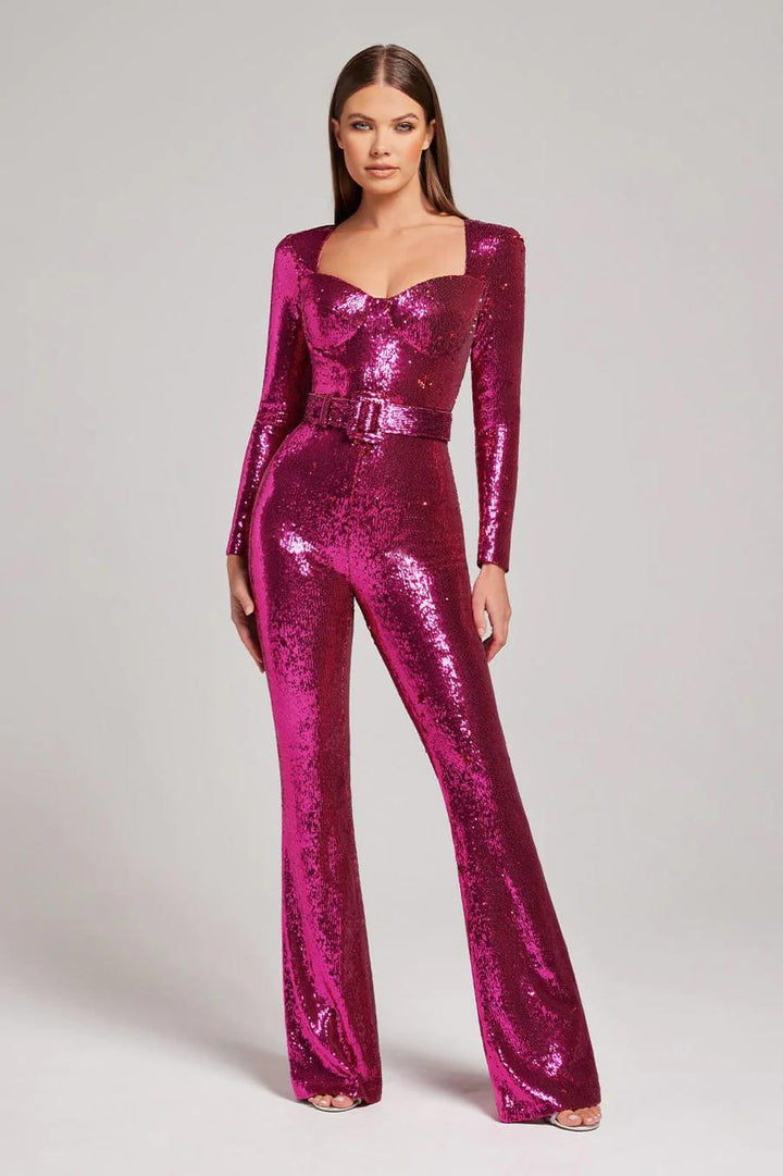 Dámský třpytivý overal s rozšířenými nohavicemi, glam styl