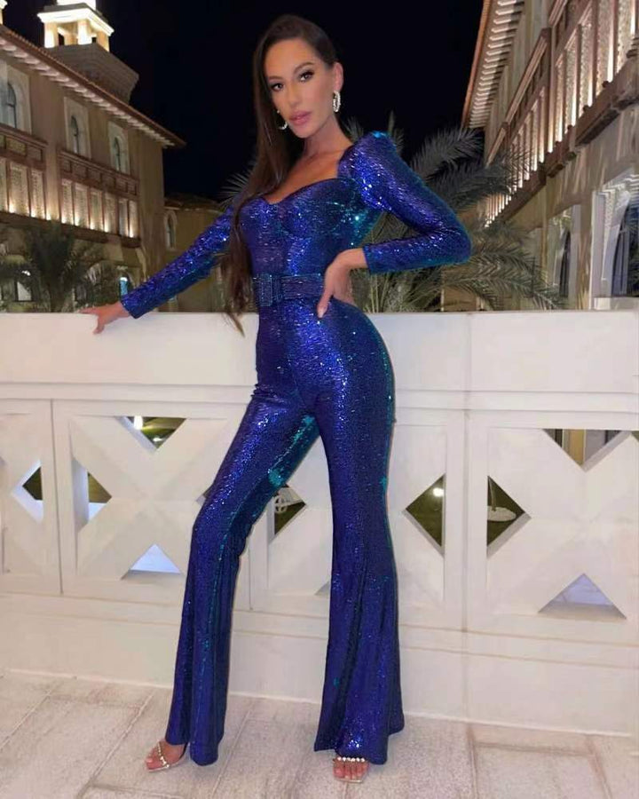 Dámský třpytivý overal s rozšířenými nohavicemi, glam styl