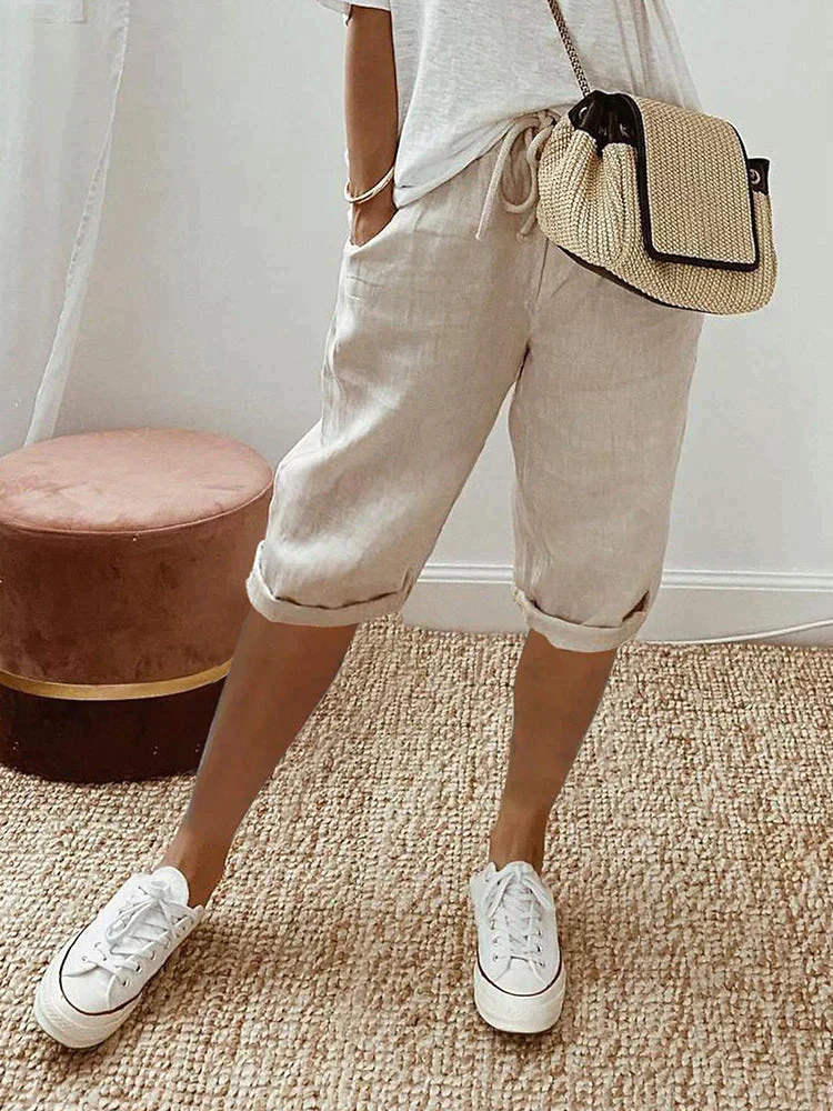 Short bermuda lin femme taille ajustable