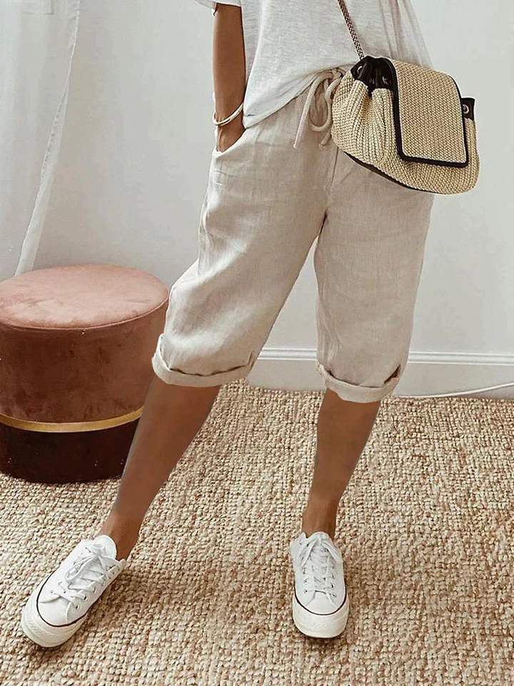 Short bermuda lin femme taille ajustable