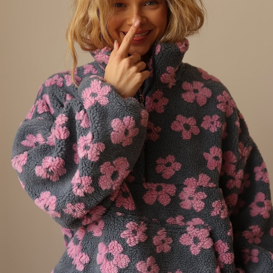 Giacca in pile teddy da donna con motivo floreale