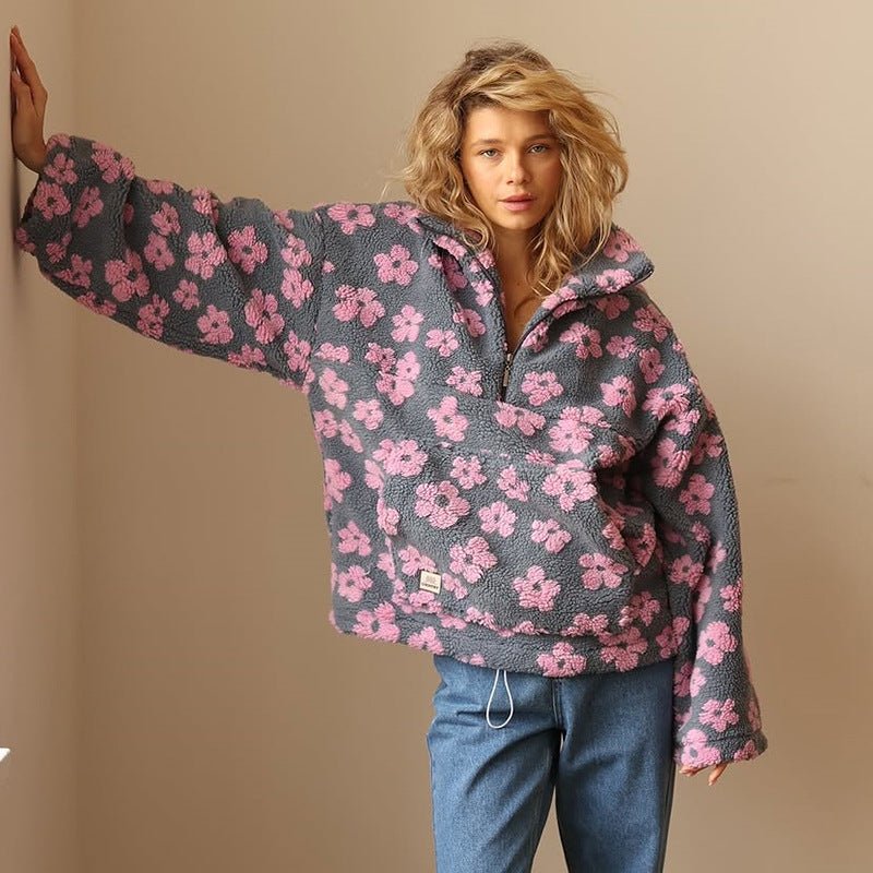 Giacca in pile teddy da donna con motivo floreale