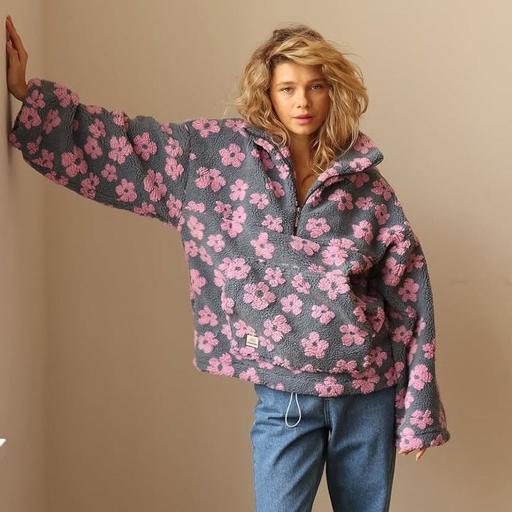Giacca in pile teddy da donna con motivo floreale