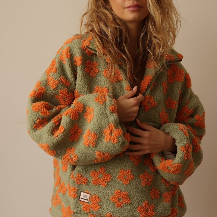 Giacca in pile teddy da donna con motivo floreale