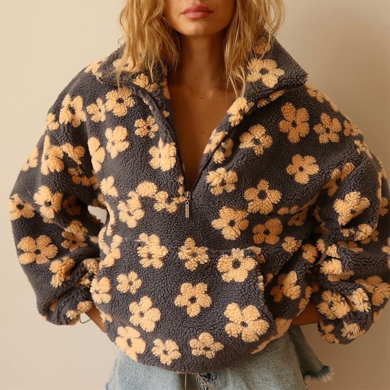 Giacca in pile teddy da donna con motivo floreale