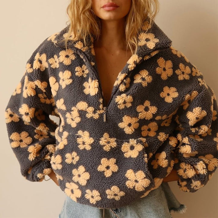 Giacca in pile teddy da donna con motivo floreale