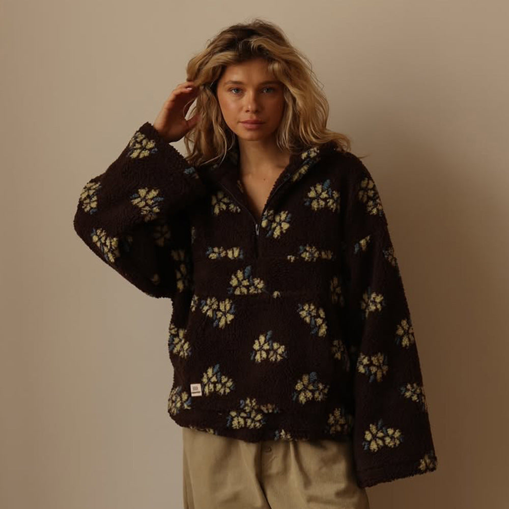 Giacca in pile teddy da donna con motivo floreale