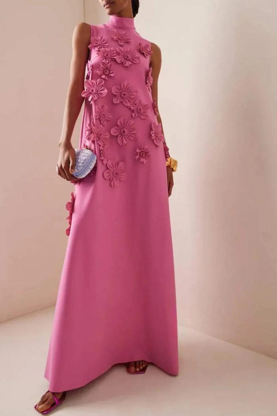 Chic pink bohemian maxi dress with floral appliqués for women