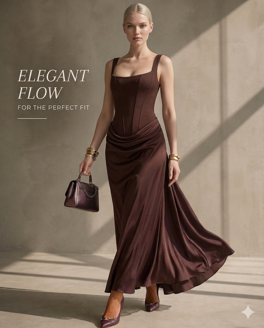 Robe longue femme col carré taille drapée