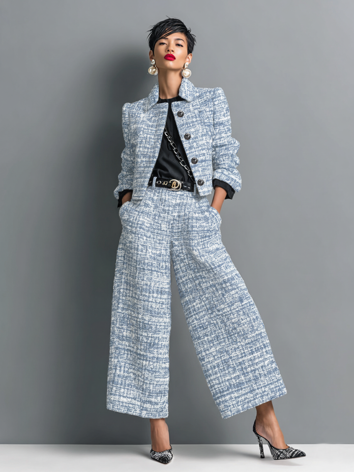 Conjunto femenino elegante con chaqueta texturizada y pantalón ancho