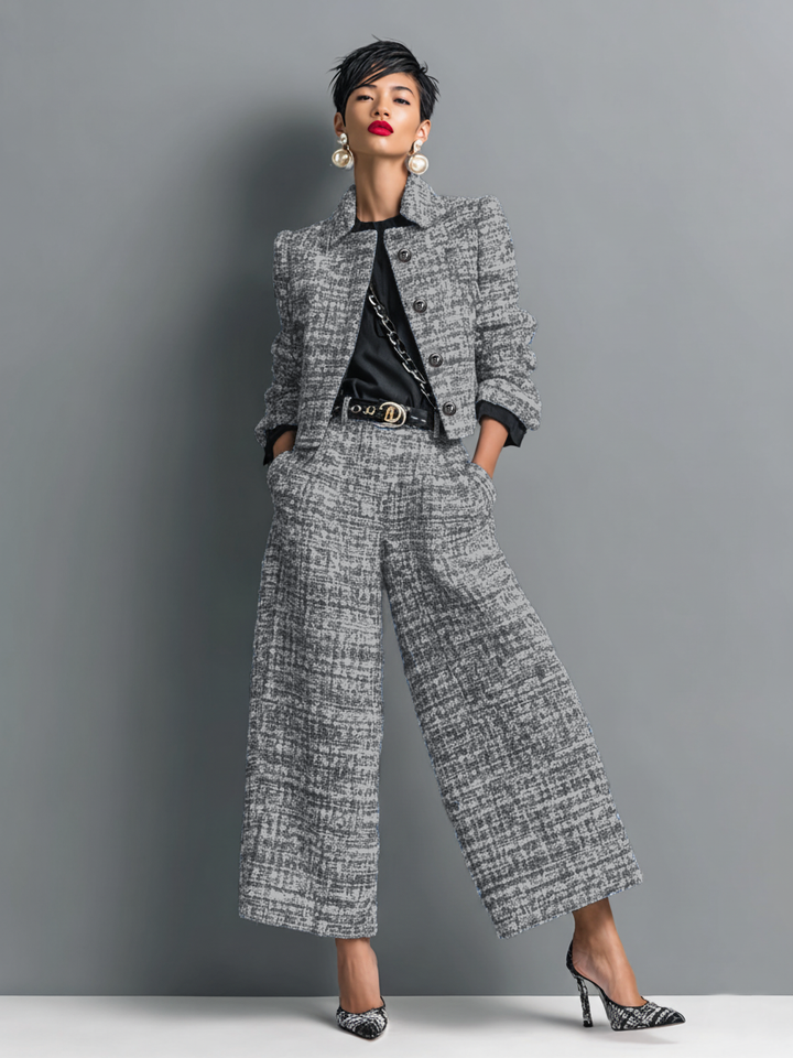 Conjunto femenino elegante con chaqueta texturizada y pantalón ancho