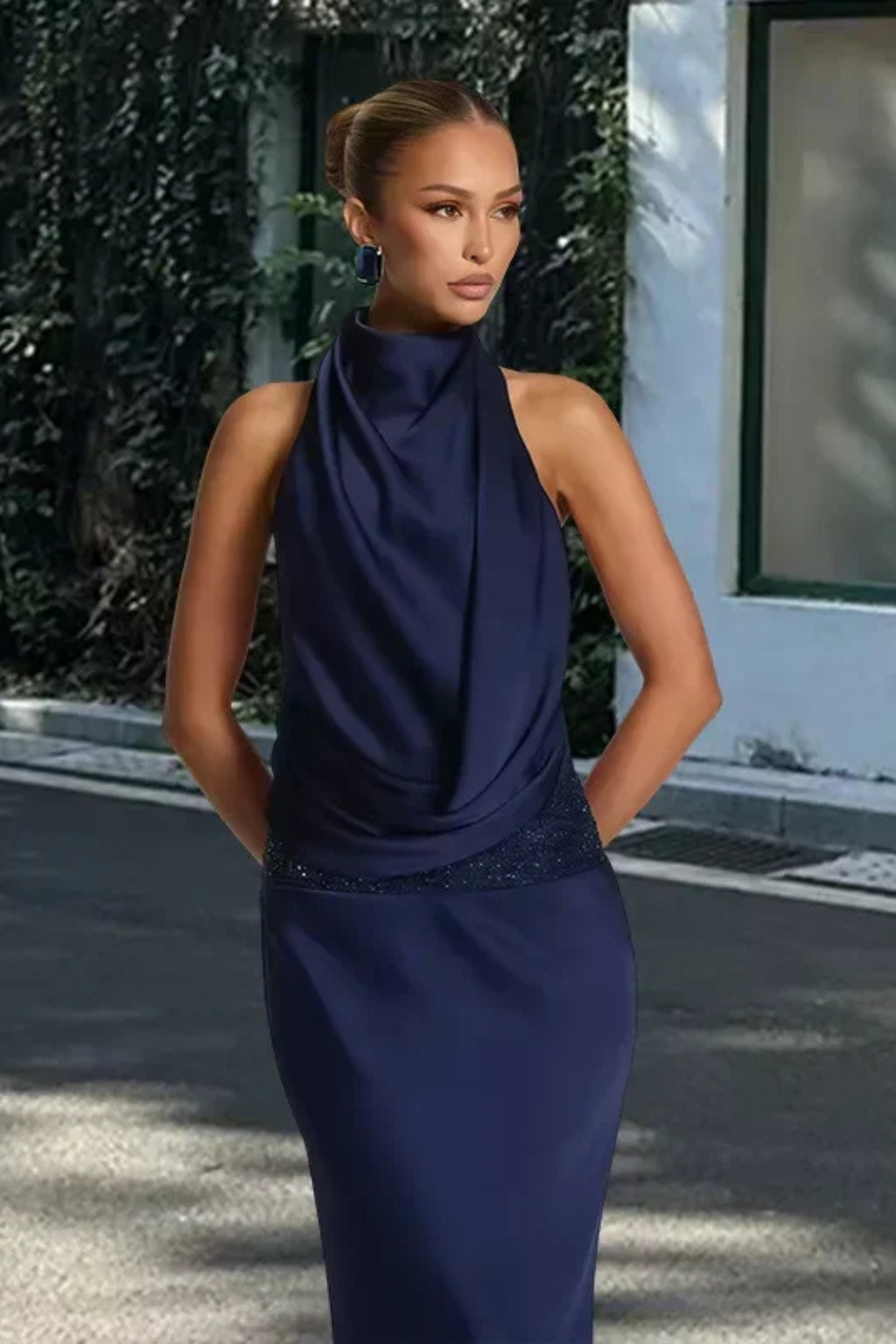Robe Longue Dos Nu Femme à Col Drapé Maxi Élégante de Soirée