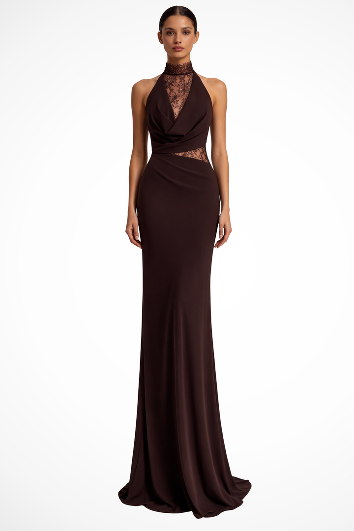 Robe de Soirée Longue Femme à Col Halter et Dentelle Élégante