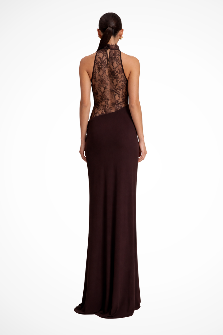 Robe de Soirée Longue Femme à Col Halter et Dentelle Élégante