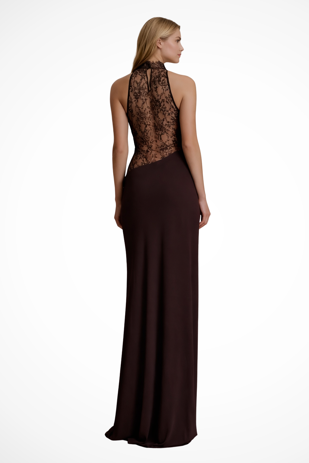 Robe de Soirée Longue Femme à Col Halter et Dentelle Élégante
