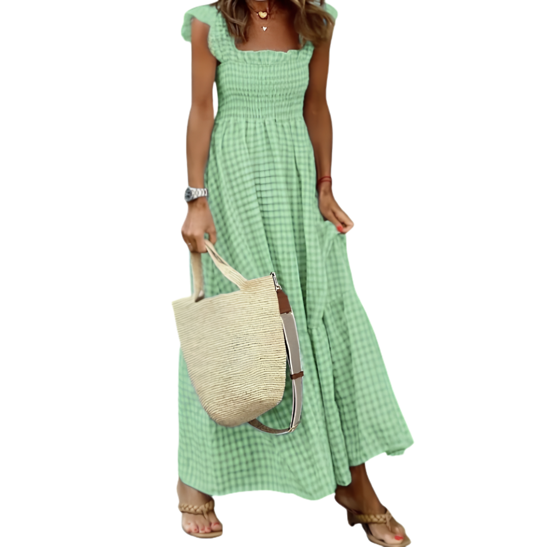 Abito lungo da donna a quadretti Vichy con spalline a volant