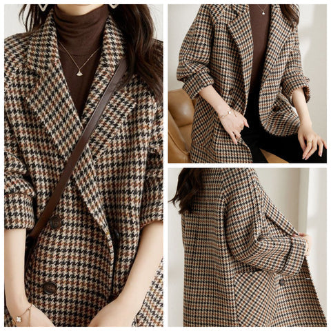 Blazer Long Femme à Motif Pied-de-Poule Oversize