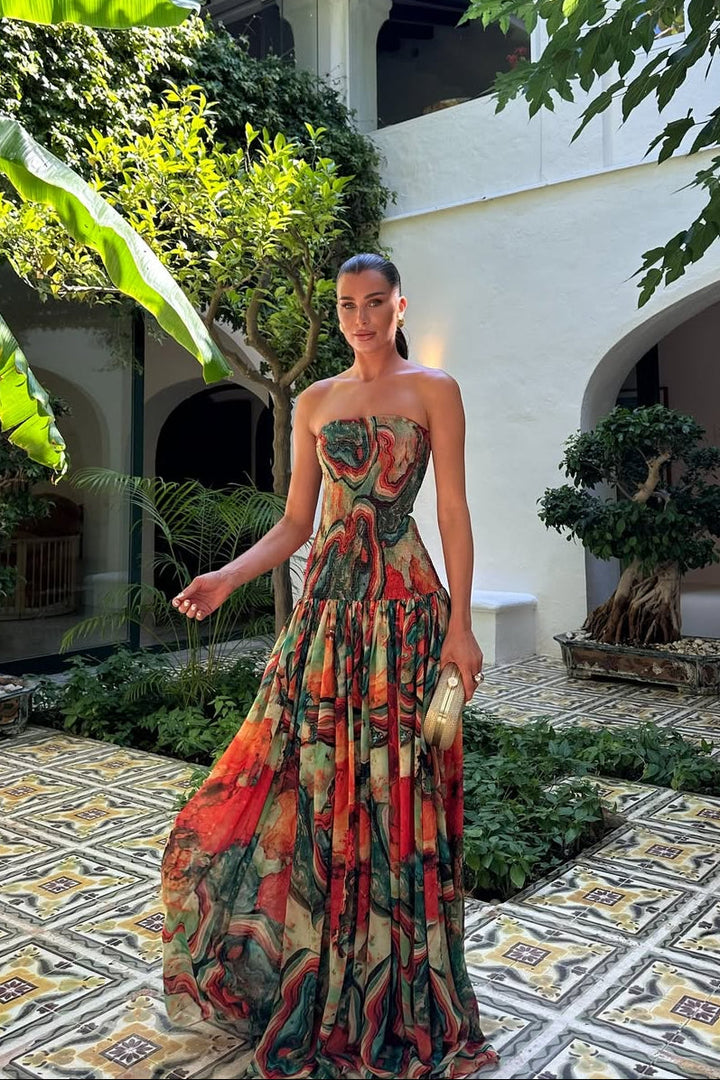 Robe Longue Sans Bretelles Pour Femme à Motif Floral Tropical