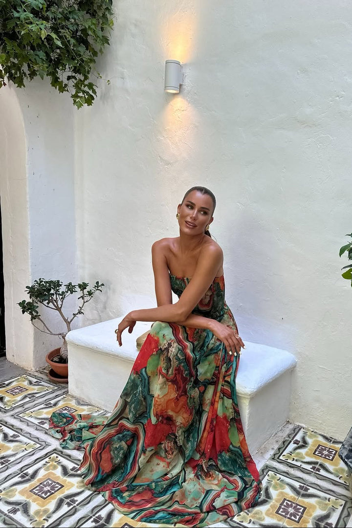 Robe Longue Sans Bretelles Pour Femme à Motif Floral Tropical